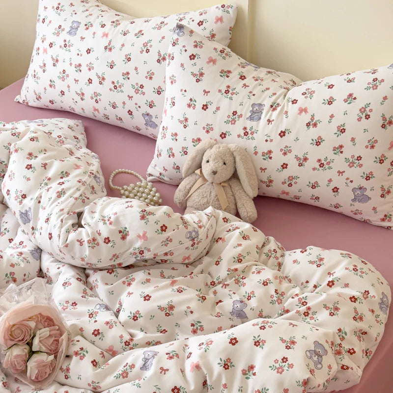 Cute Bear Floral Duvet Cover Bedding Set