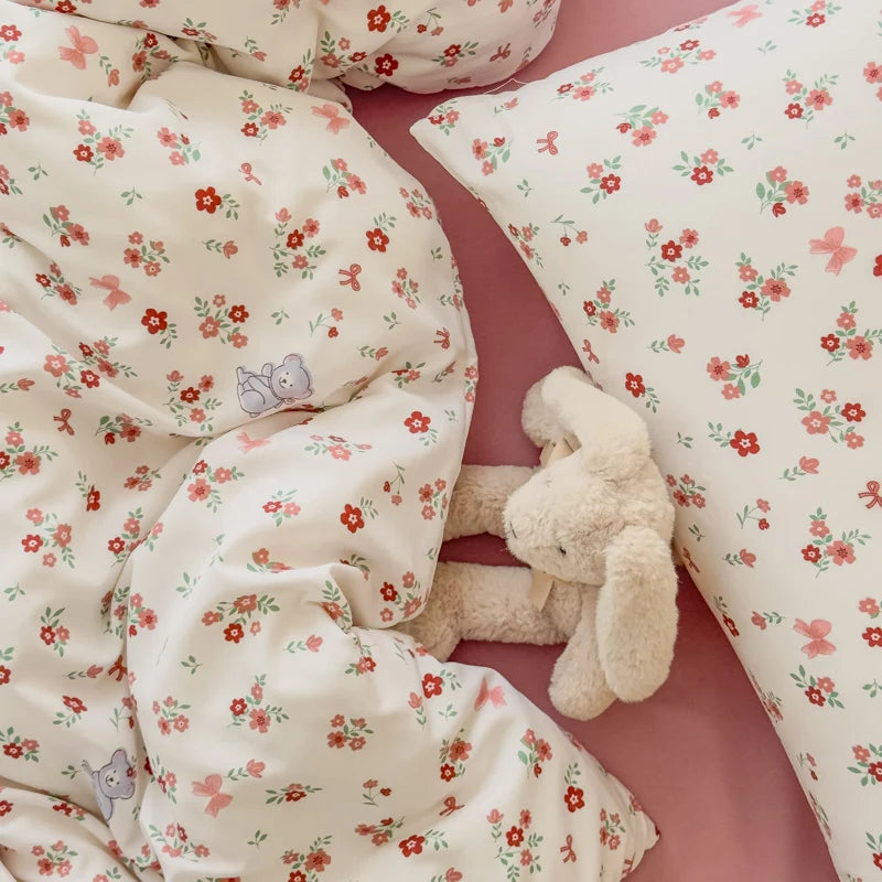 Cute Bear Floral Duvet Cover Bedding Set