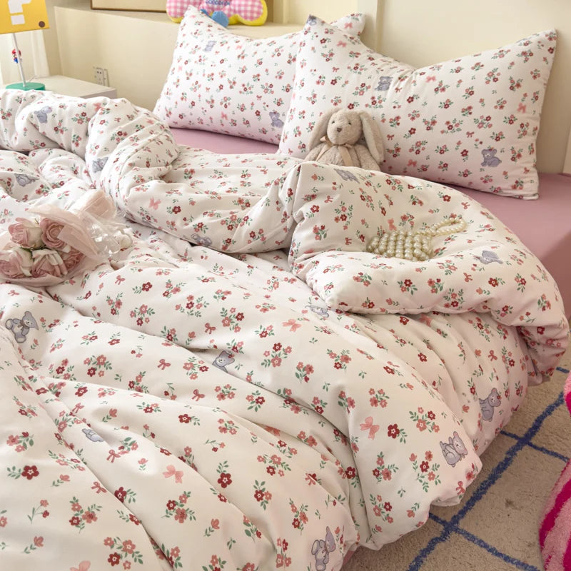 Cute Bear Floral Duvet Cover Bedding Set
